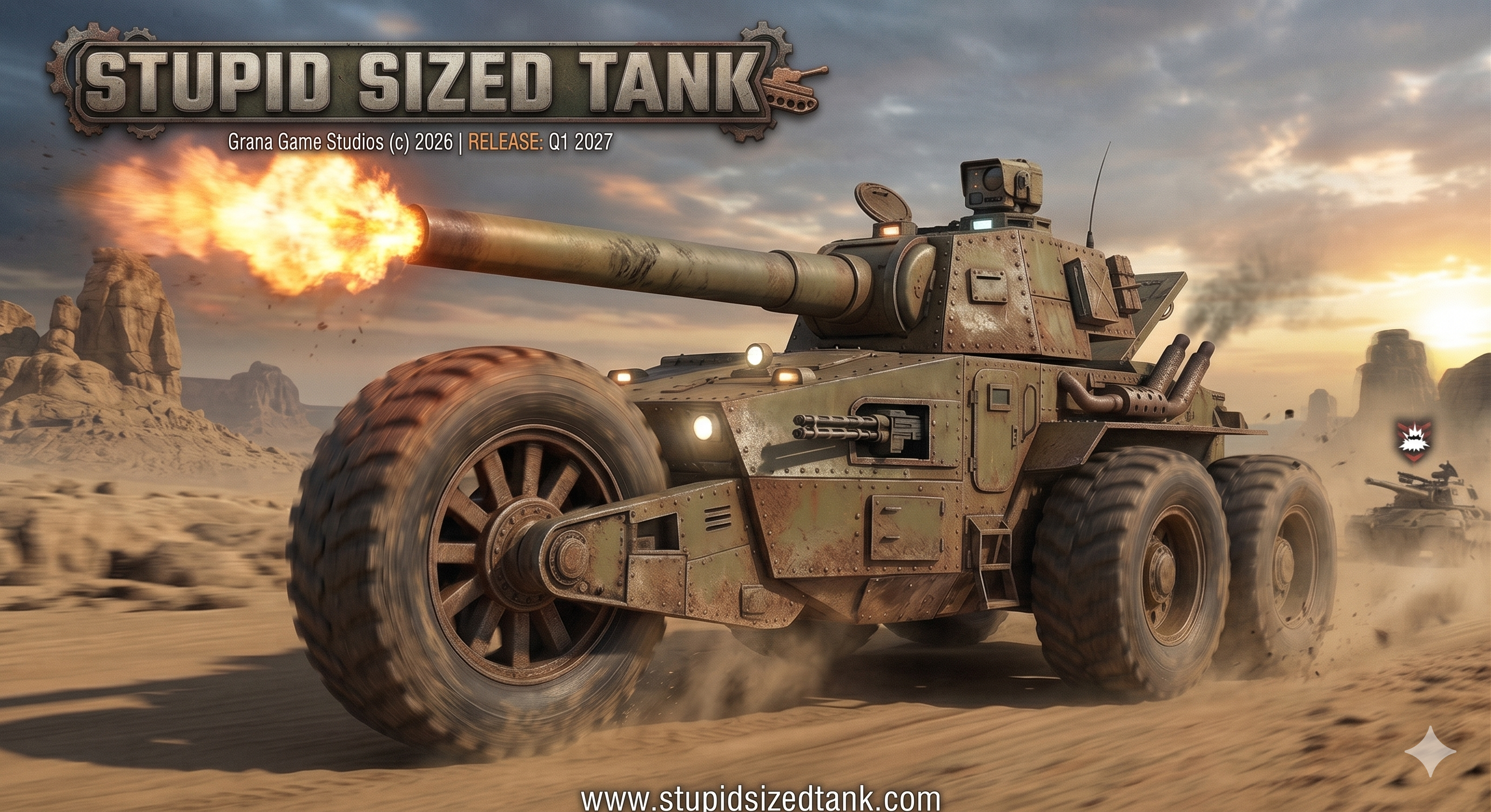 Stupid Sized Tank firing in a desert battlefield