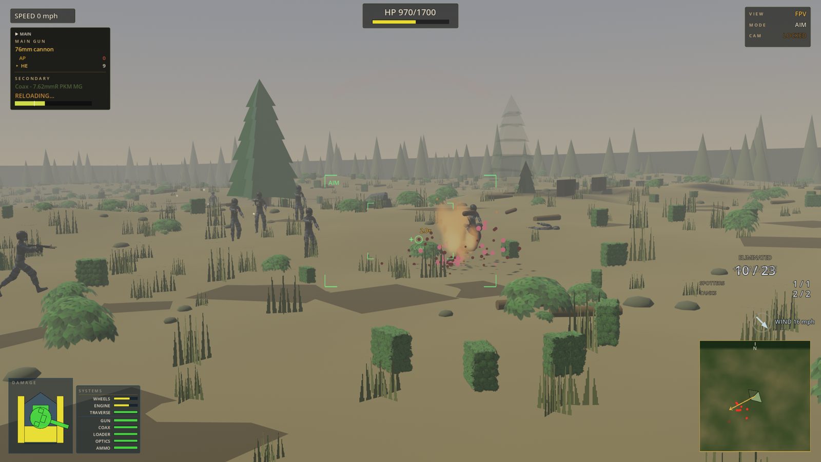 Cockpit view: the coaxial machine gun hits an enemy soldier at 2x zoom