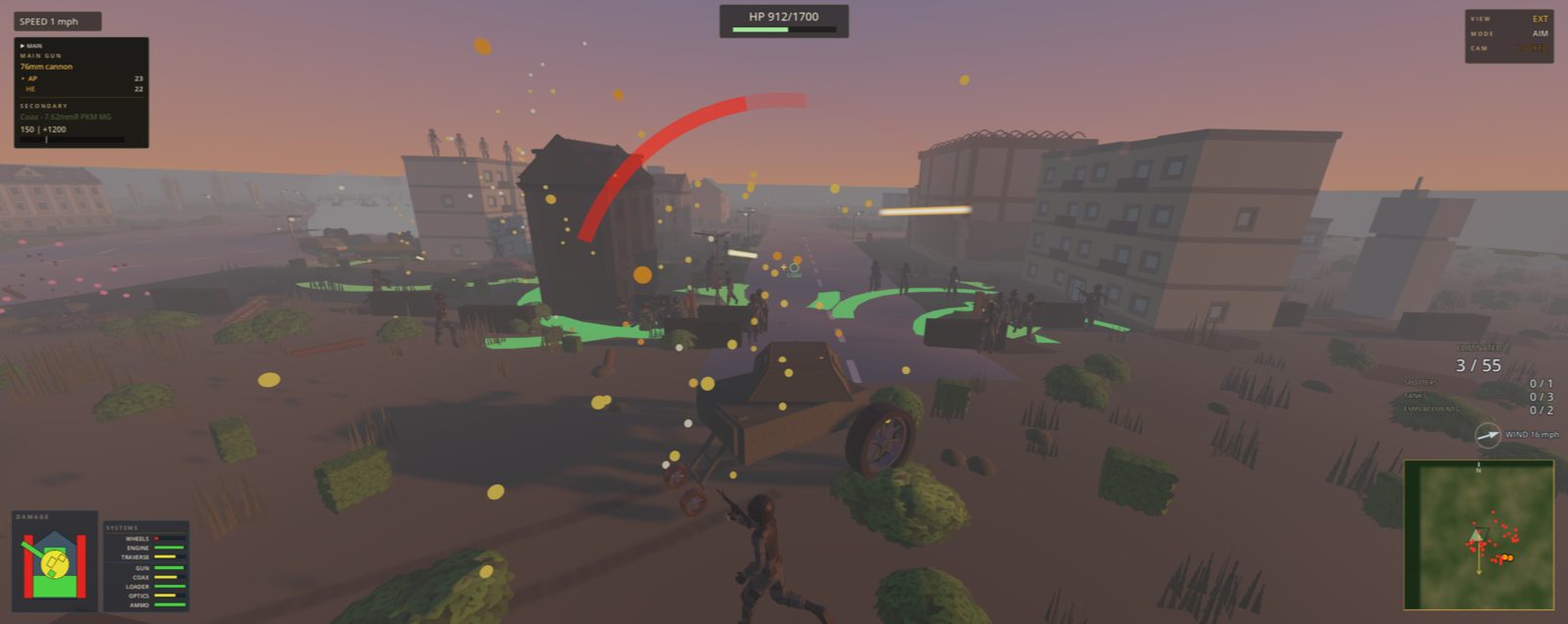 Night city firefight with tracers and a shell in flight