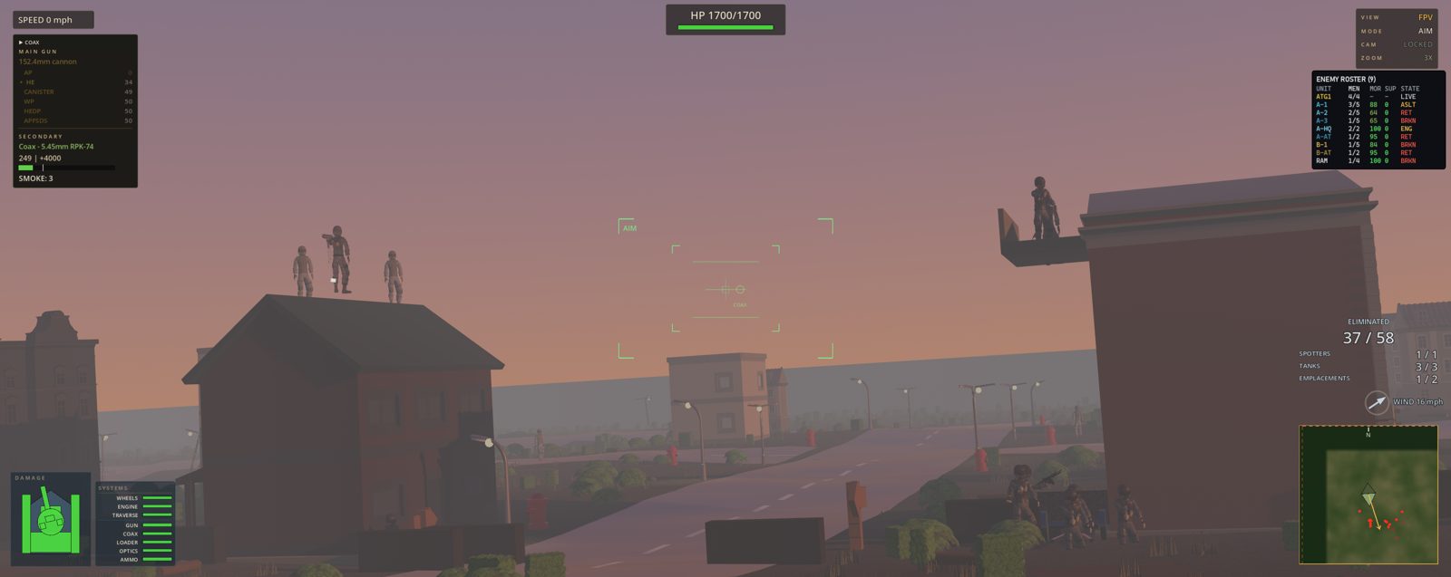 Urban map at dusk: enemy spotters on a rooftop balcony